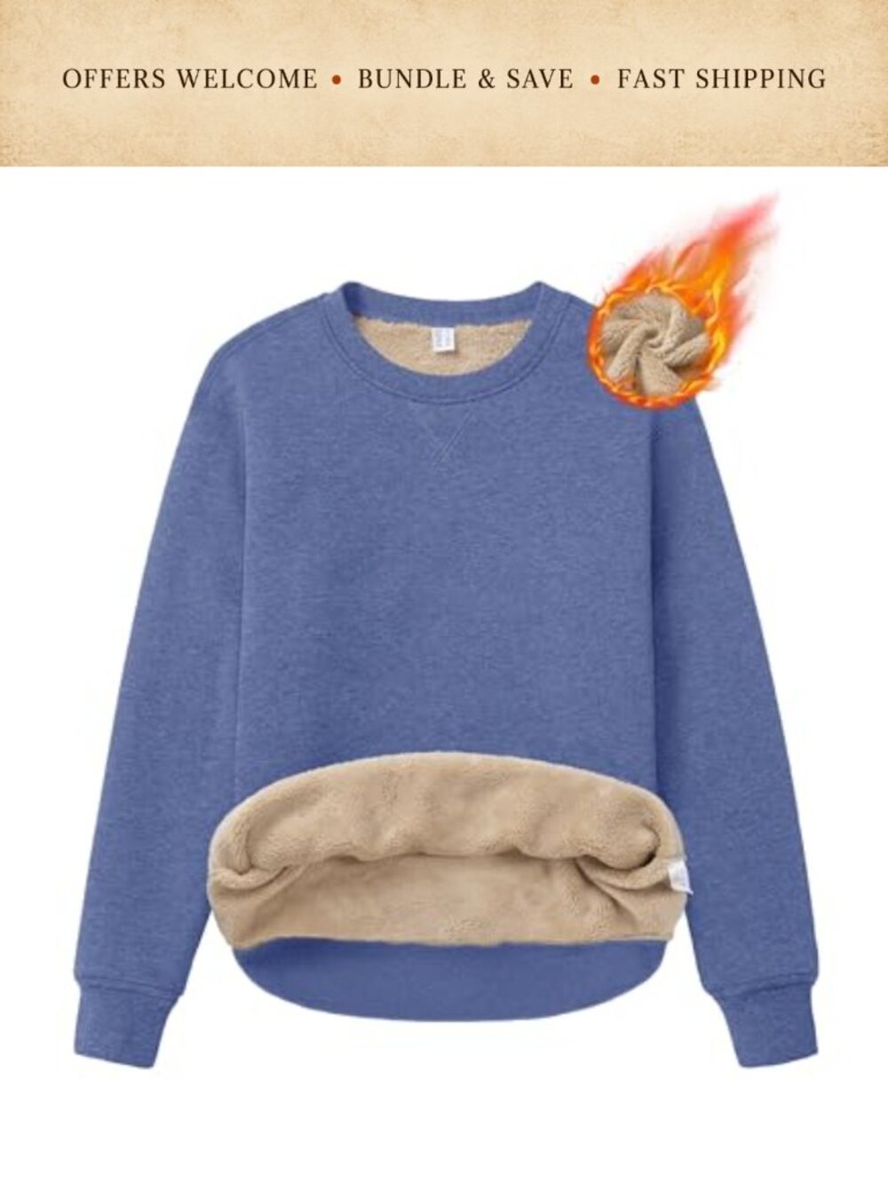 Sherpa Lined Cotton Spandex Fleece Crewneck Sweatshirt Loose Fit Winter Warm